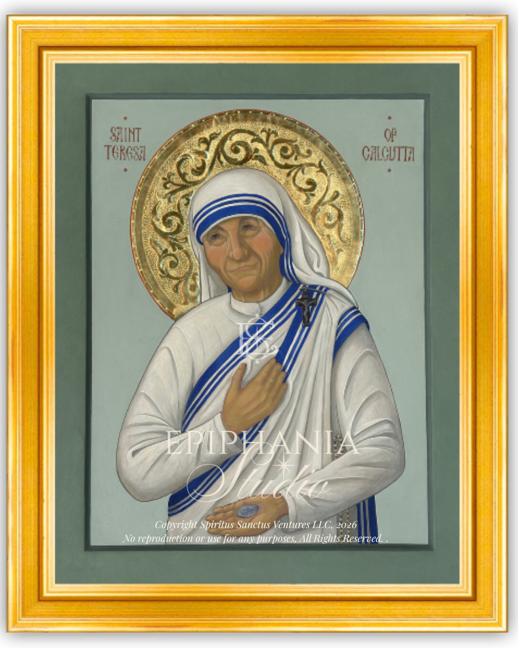 A framed religious icon painting of Saint Teresa of Calcuta, shown against a white background. The artwork depicts Saint Teresa in her signature white habit with blue stripes, set against a muted sage-green background with an ornate gold halo. 11x14" print framed with 1-1/4" Gold frame and conservation glass