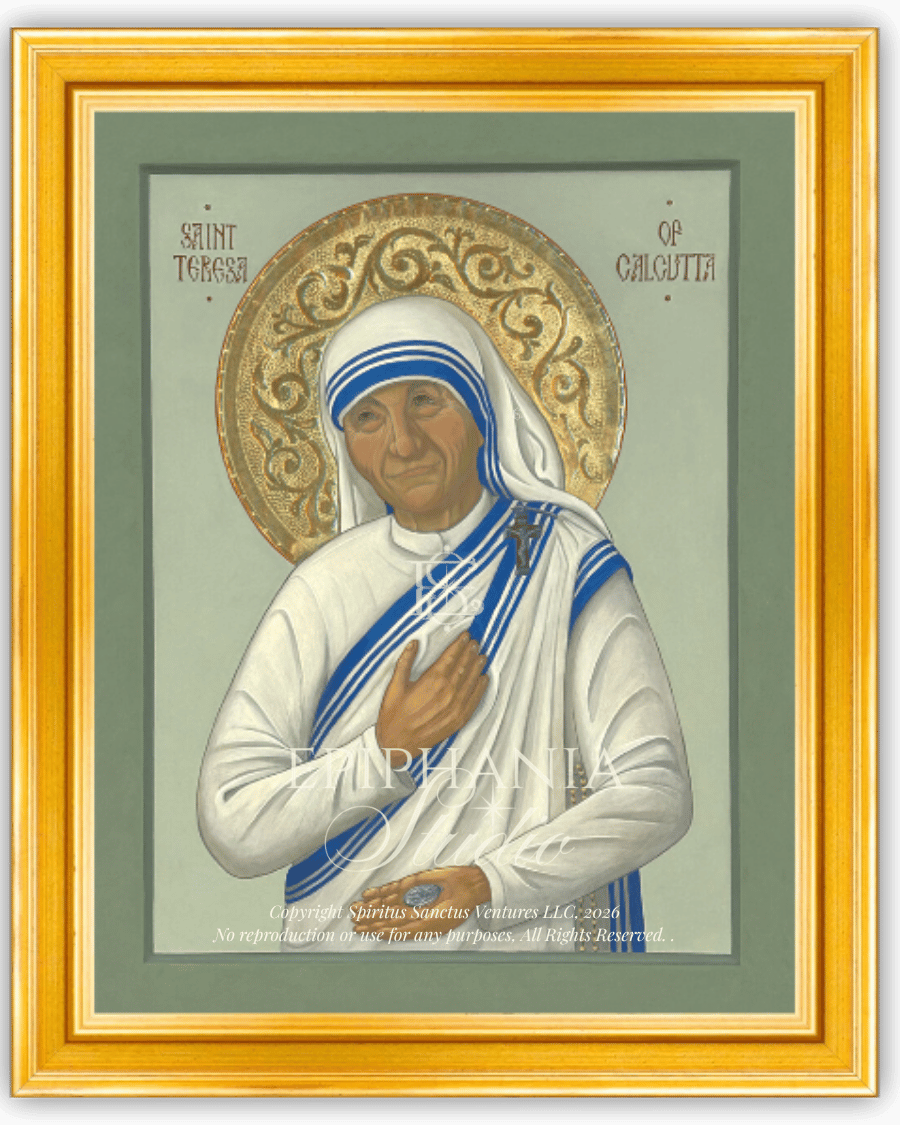 A framed religious icon painting of Saint Teresa of Calcuta, shown against a white background. The artwork depicts Saint Teresa in her signature white habit with blue stripes, set against a muted sage-green background with an ornate gold halo. 11x14" print framed with 1-1/4" Gold frame and conservation glass
