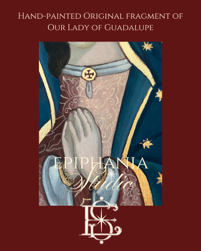 Hand-painted fragment of Our Lady of Guadalupe with Epiphania Studio logo on a red background