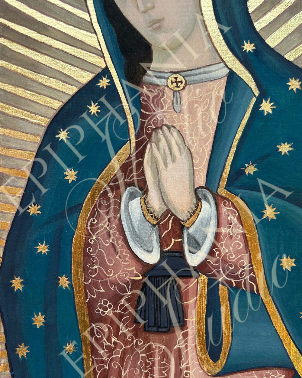 11x14" Print of Religious icon with a figure in prayer, surrounded by gold and blue hues.