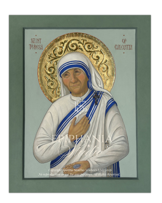 A print of a religious icon painting of Saint Teresa of Calcuta, showing her in a white habit with blue stripes and a gold halo, with the text 'SAINT TERESA OF CALCUTTA' on a muted green background. Showing 8x10" Fine Art Print Variant
