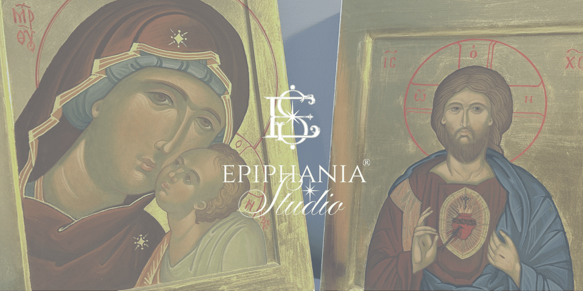 A split-screen view of two religious icon paintings with a central logo and the text 'EPIPHANIA Studio'. The left panel shows a Byzantine-style icon of the Virgin Mary holding the infant Jesus and the right panel shows a Byzantine-style icon of Jesus with His Sacred Heart