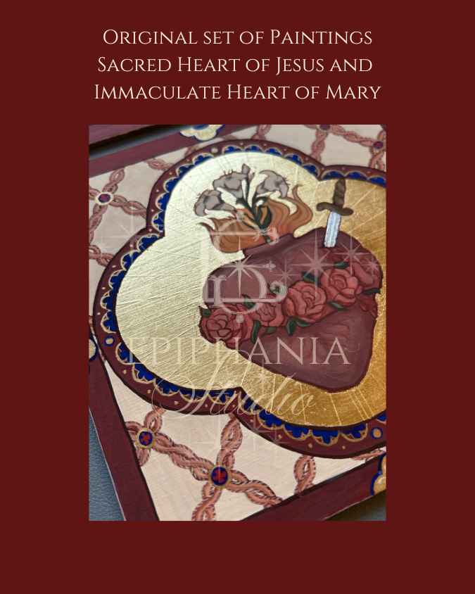 Original Paintings featuring the title 'Original set of paintings Sacred Heart of Jesus and Immaculate Heart of Mary' in white serif text on a dark red background, with a central religious painting showing a gold-bordered heart motif, roses, lilies, and a dagger. A large semi-transparent 'EPIPIHANIA Studio' watermark overlays the artwork.