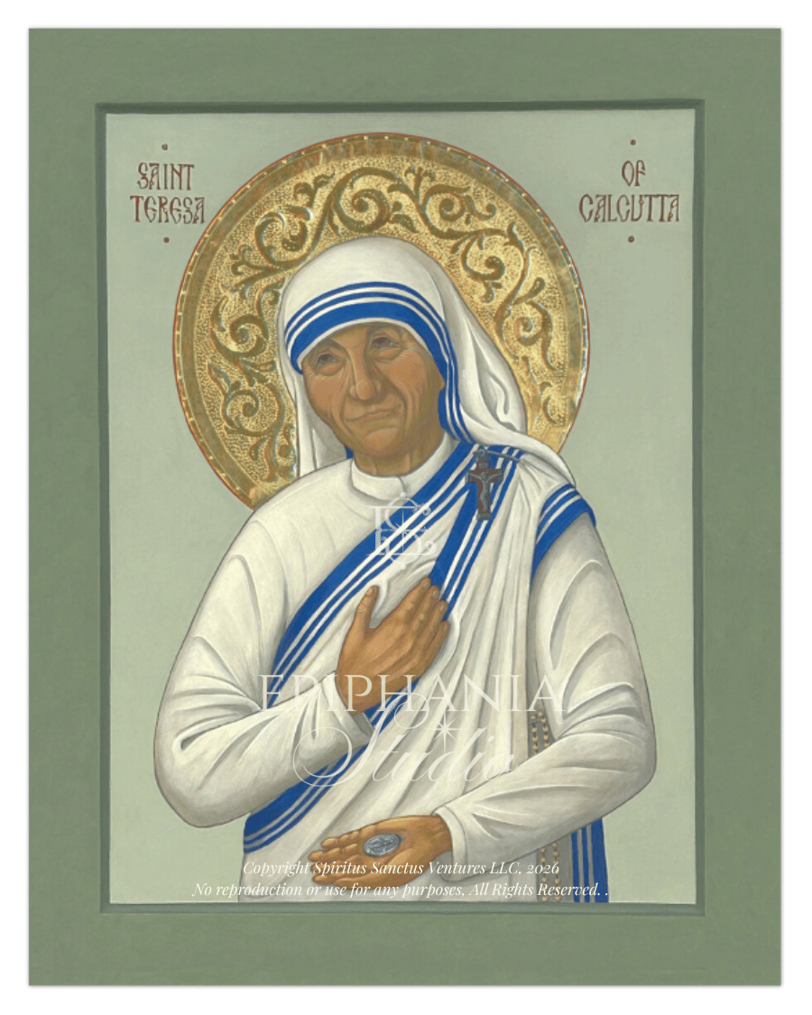 A print of a religious icon painting of Saint Teresa of Calcutta, shown against a muted green background. The artwork depicts her in a white habit with blue stripes and a gold halo, with the text 'SAINT TERESA OF CALCUTTA' at the top. 11x14" Print depicted