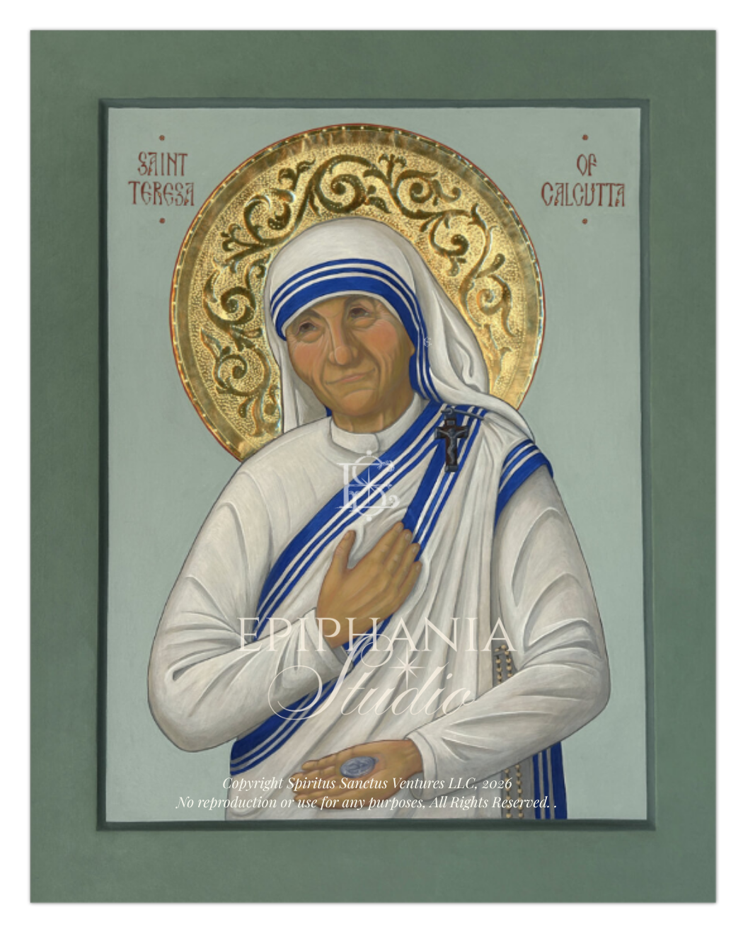 A print of a religious icon painting of Saint Teresa of Calcutta, shown against a muted green background. The artwork depicts her in a white habit with blue stripes and a gold halo, with the text 'SAINT TERESA OF CALCUTTA' at the top. 11x14" Print depicted