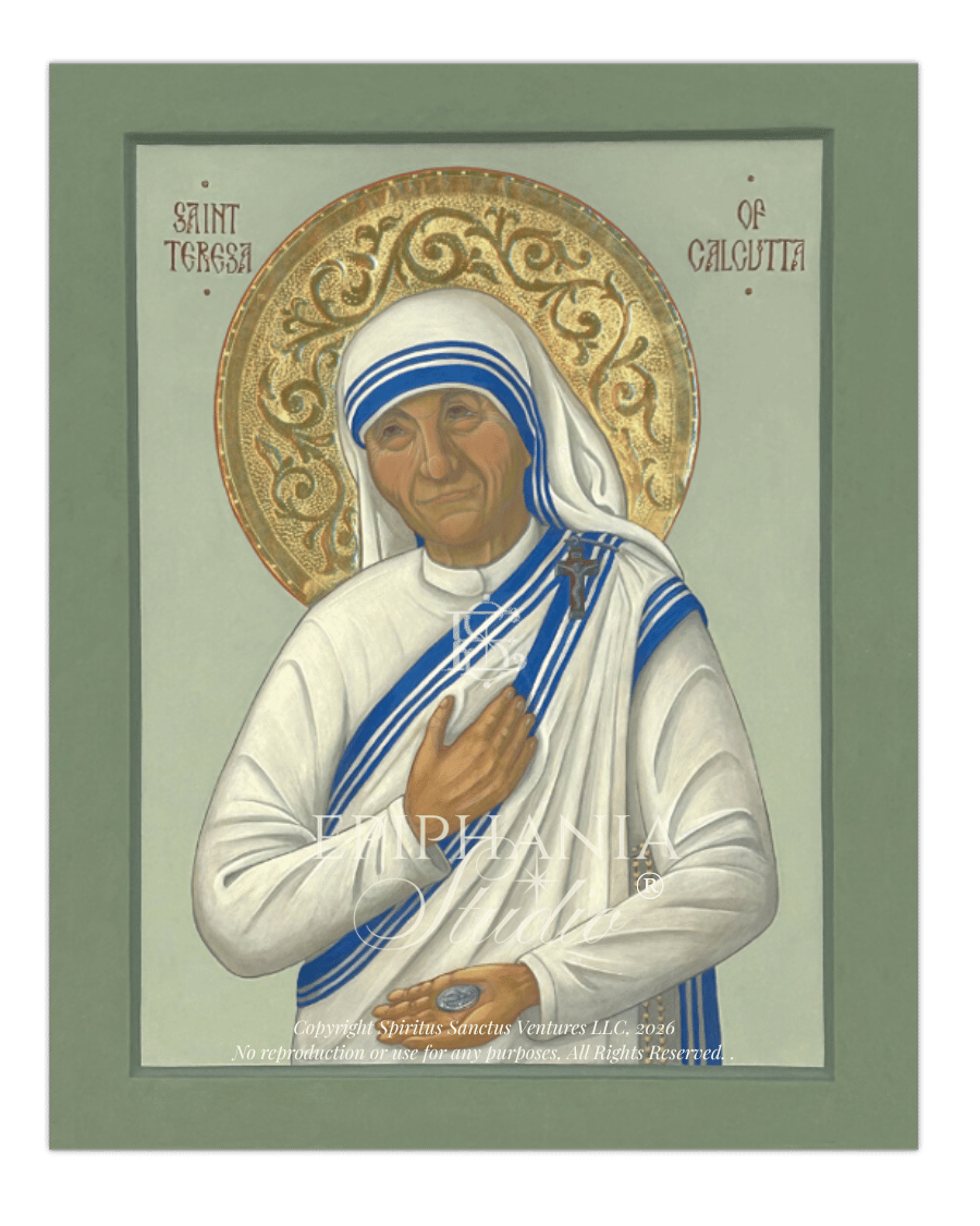 A print of a religious icon painting of Saint Teresa of Calcuta, showing her in a white habit with blue stripes and a gold halo, with the text 'SAINT TERESA OF CALCUTTA' on a muted green background. Showing 8x10" Fine Art Print Variant
