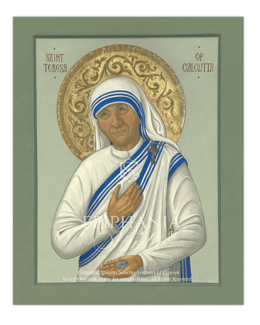 A print of a religious icon painting of Saint Teresa of Calcuta, showing her in a white habit with blue stripes and a gold halo, with the text 'SAINT TERESA OF CALCUTTA' on a muted green background. Showing 8x10" Fine Art Print Variant
