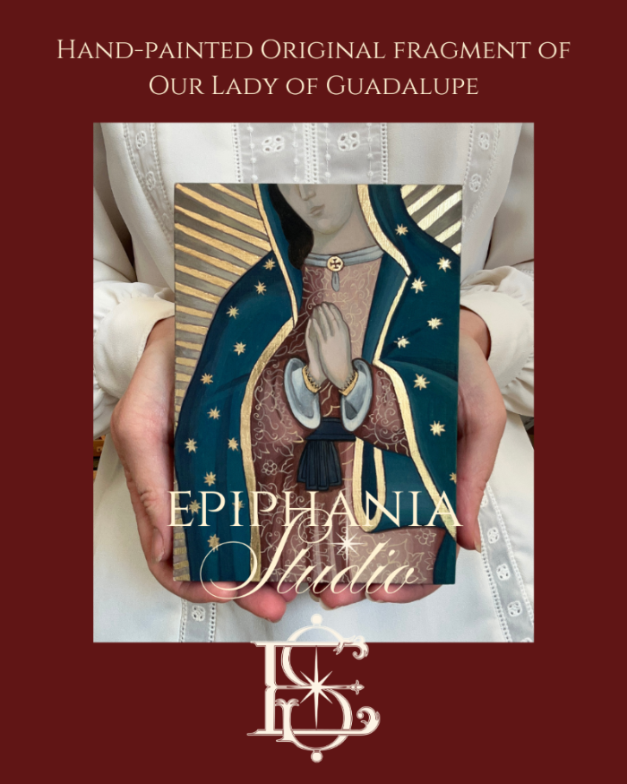 Hand-painted fragment of Our Lady of Guadalupe held by a person, with Epiphania Studio branding.
