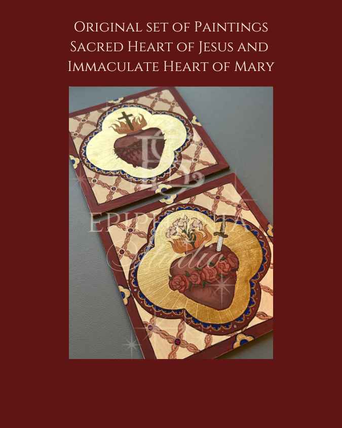 Original Paintings set of two religious paintings, featuring the Sacred Heart of Jesus and the Immaculate Heart of Mary. The cover has a dark red background with white text at the top and a central photo showing the two paintings arranged diagonally.