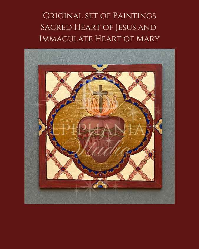 A square religious artwork featuring a Sacred Heart of Jesus motif with a gold halo, red border, and cream background, centered on a gray panel against a dark red backdrop. Text at the top reads 'Original set of paintings Sacred Heart of Jesus and Immaculate Heart of Mary.
